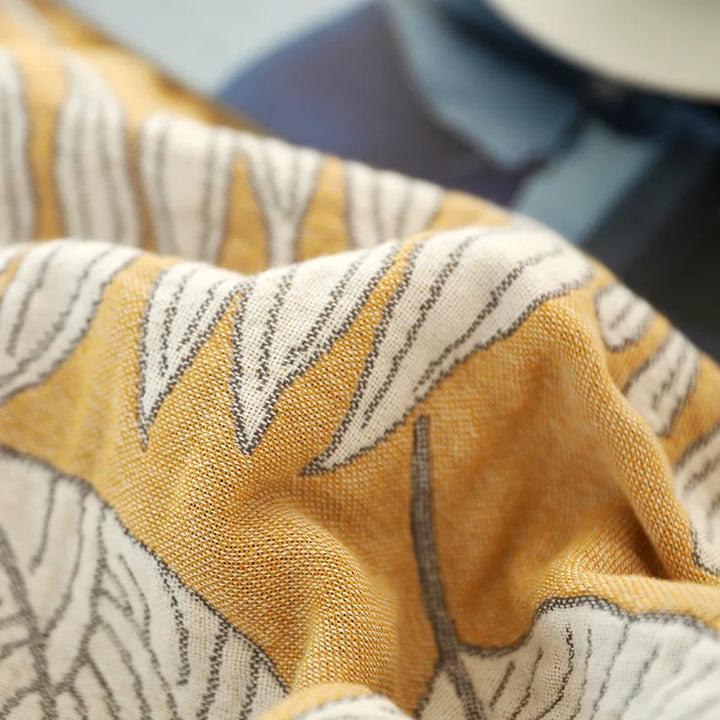 Rynx | Textile City Patterned Leaves Yellow Cotton Gauze Throw Blanket 5-Layer Gauze Towel Quilt Soft Comfortable Throw Blanket 200x230cm