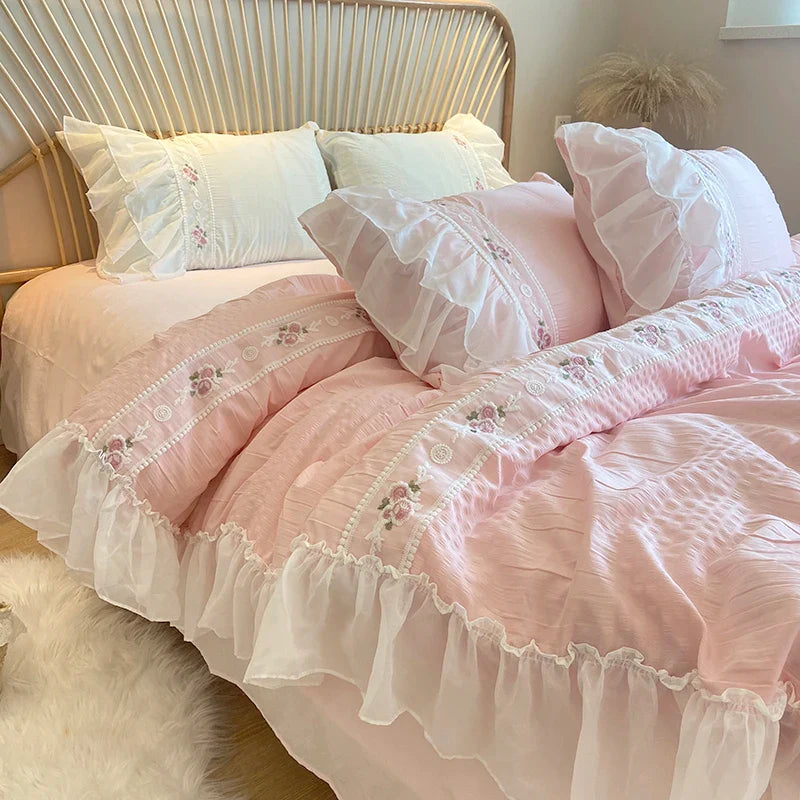 Rynx | Pink Korean Princess Style Lace Ruffle Wedding Bedding Set Seersucker Washed Cotton Soft Duvet Cover Set Bed Sheets Pillowcases