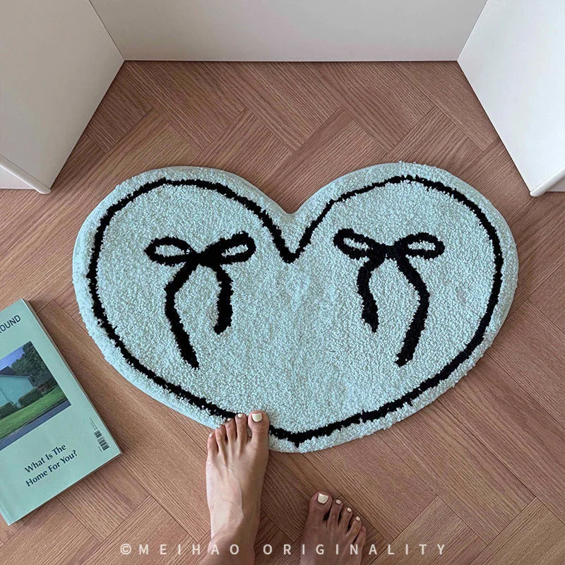 Rynx | Heart-Shaped Bow Pattern Tufted Rug Bathroom Soft Plush Anti-Skid Doormat Fluffy Thick Tufted Room Entry Mat