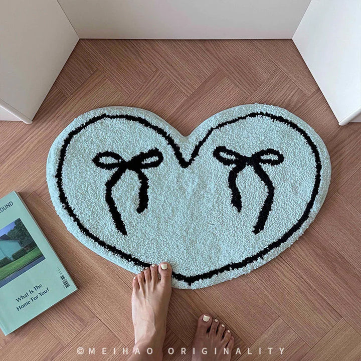 Rynx | Heart-Shaped Bow Pattern Tufted Rug Bathroom Soft Plush Anti-Skid Doormat Fluffy Thick Tufted Room Entry Mat