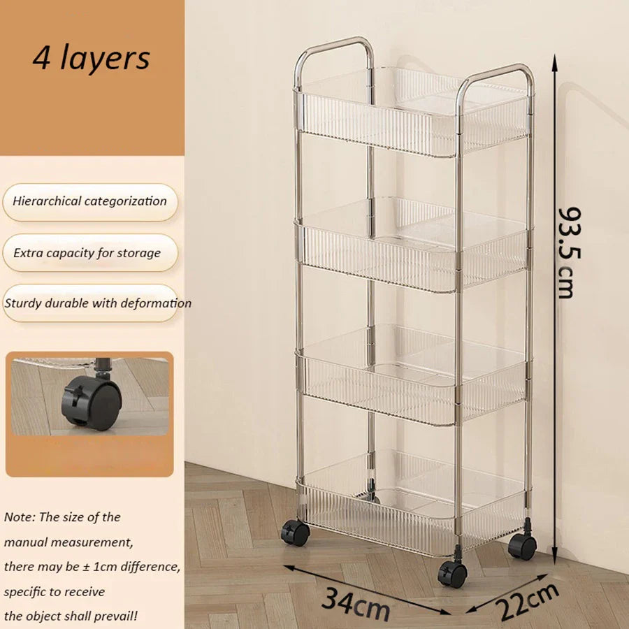 Rynx | Light Luxury Storage Trolley 2/3/4 Layers Transparent Acrylic Rolling Cart With Removable Hanging Goods Snacks Book Shelf