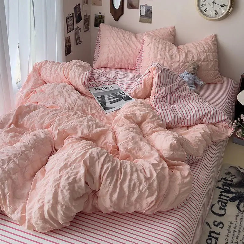 Rynx | Seersucker Princess Girl Bed Linen Set Duvet Cover Korean Four-Piece Washed Cotton Bed Sheet Blanket Set