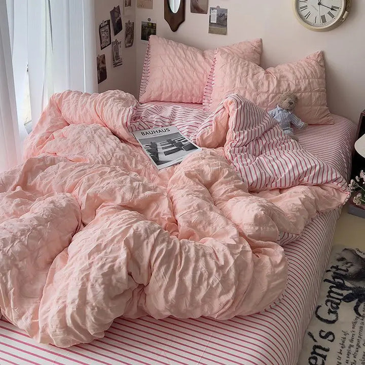 Rynx | Seersucker Princess Girl Bed Linen Set Duvet Cover Korean Four-Piece Washed Cotton Bed Sheet Blanket Set