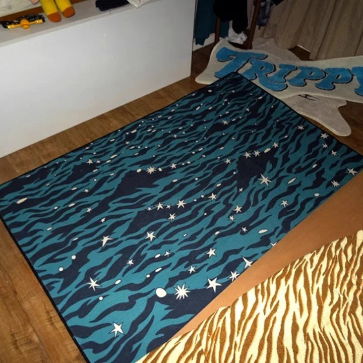 Rynx | Star pattern living room large rug wavy striped bedroom nightstand rug green blue home decor rug soft plush rugs IG