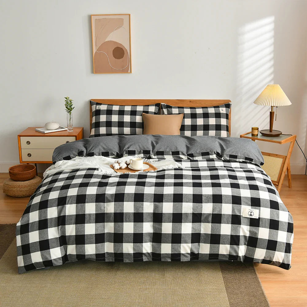 Rynx | 100% Cotton Duvet Cover Set with Pillowcase Japanese Style Grid Duvet Cover 220x240 Duvet Cover Set King Size