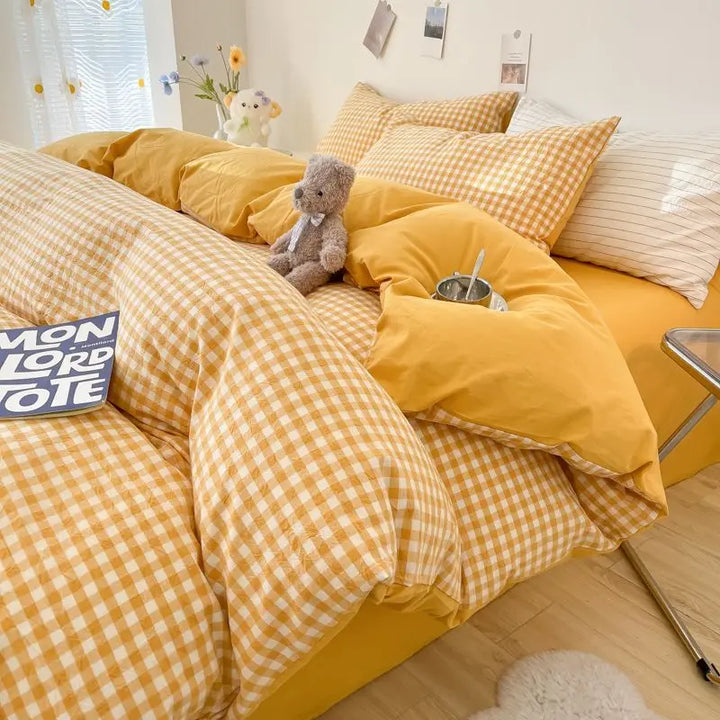 Rynx INS Checkered Bedding Set Pink Green Bedding Nordic Duvet Cover Pillowcase Queen Size Fitted Sheet Adult Children Bedding