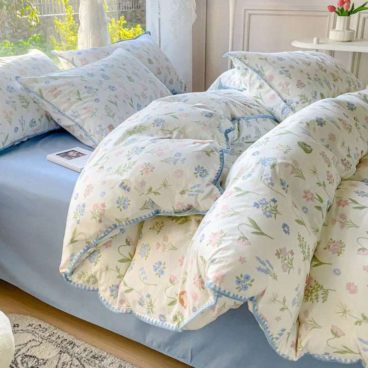 Rynx Pastoral Girls Flower Bedding Sets, Washed Cotton Bedding, Soft Comforter Bedding Set, Simple Bedspread, Home Textiles