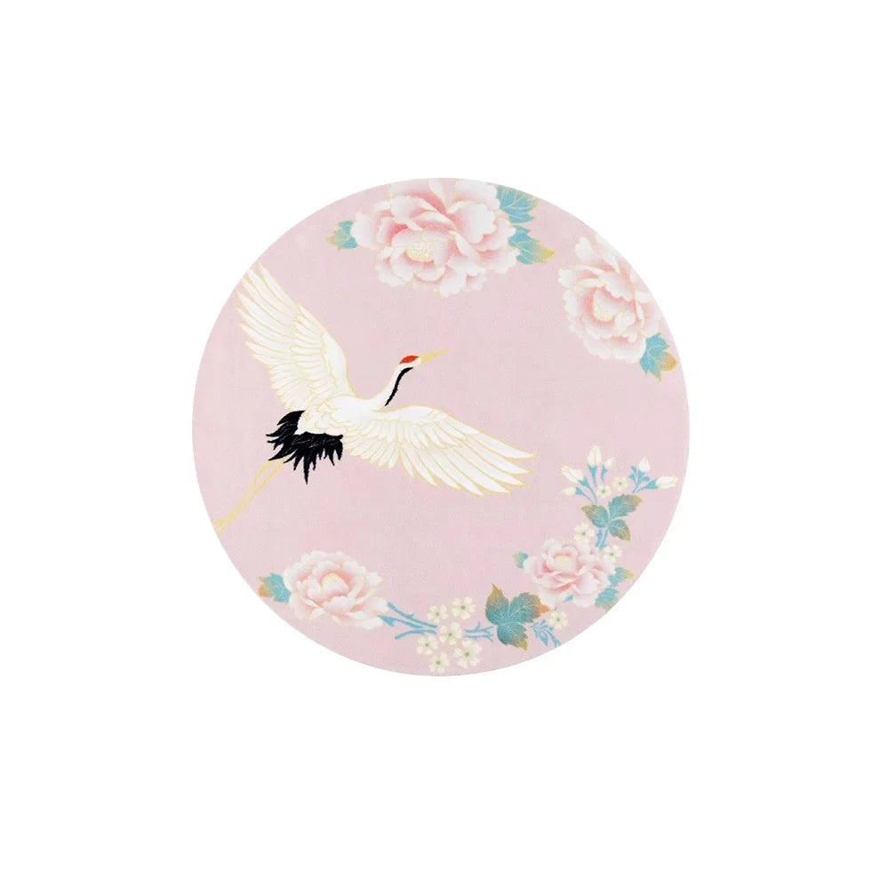Rynx | Retro Round Living Room Rugs Pink Ethnic Style Bedroom Rug Crane Flower Girl's Room Rug Luxury Easy-Care Rugs