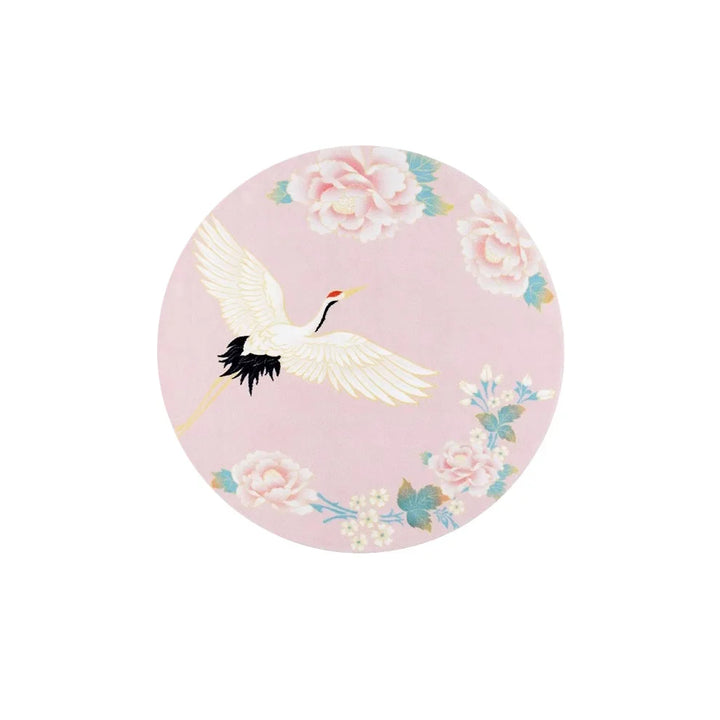 Rynx | Retro Round Living Room Rugs Pink Ethnic Style Bedroom Rug Crane Flower Girl's Room Rug Luxury Easy-Care Rugs