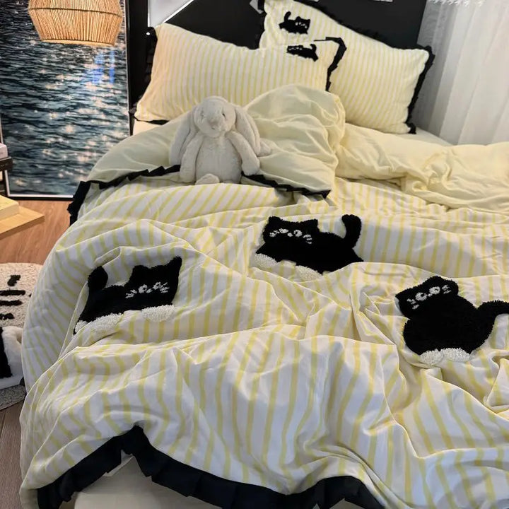 Rynx | Korean Style Bedding Set Green Stripes Black Cat Embroidery Washed Cotton Duvet Cover Cute Cartoon Bedding Blanket Set