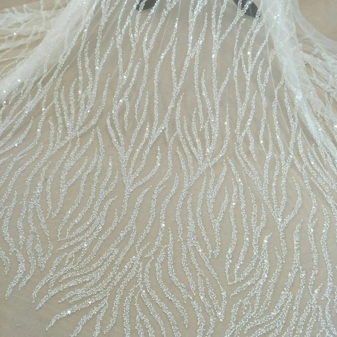 Lisslune | Luxurious Pearl Sequin Lace Fabric for Wedding Dresses - 130 cm Width, available per Yard