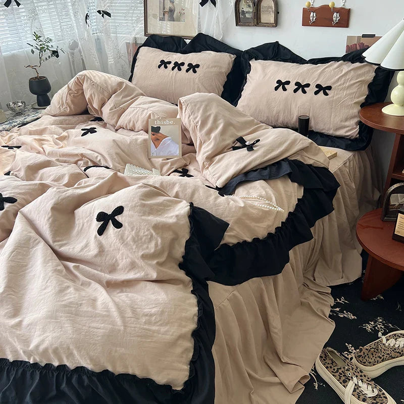 Rynx | Korean princess style Kawaii girls black bow bedding set skin-friendly soft duvet cover set bed sheets or bed skirt pillowcases