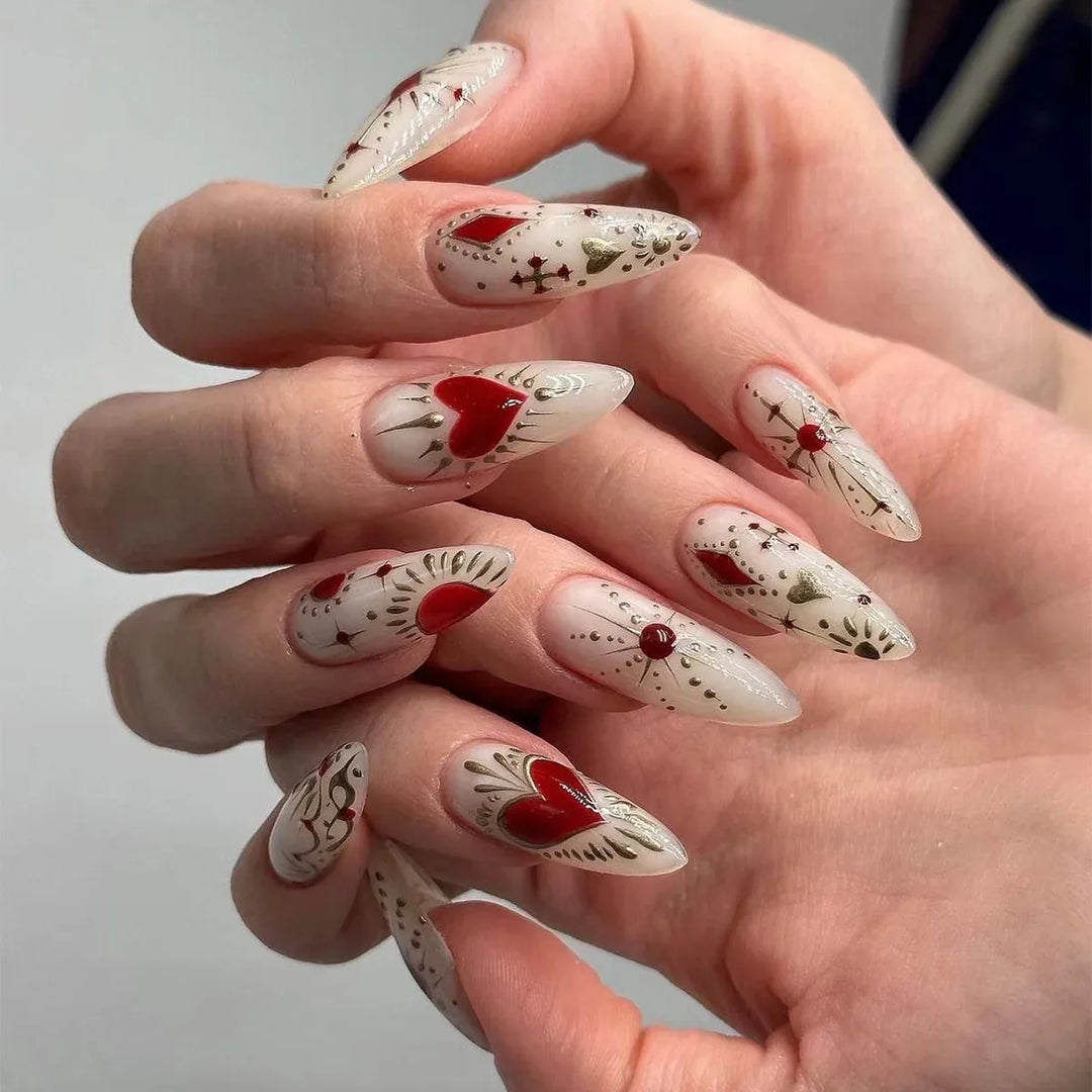 Rynx | Red Love Heart French Sweet Nail Art Nude Pink Artificial Nails Removable Finished Fingernails Valentine's Day Gift Press-on Nails With Glue