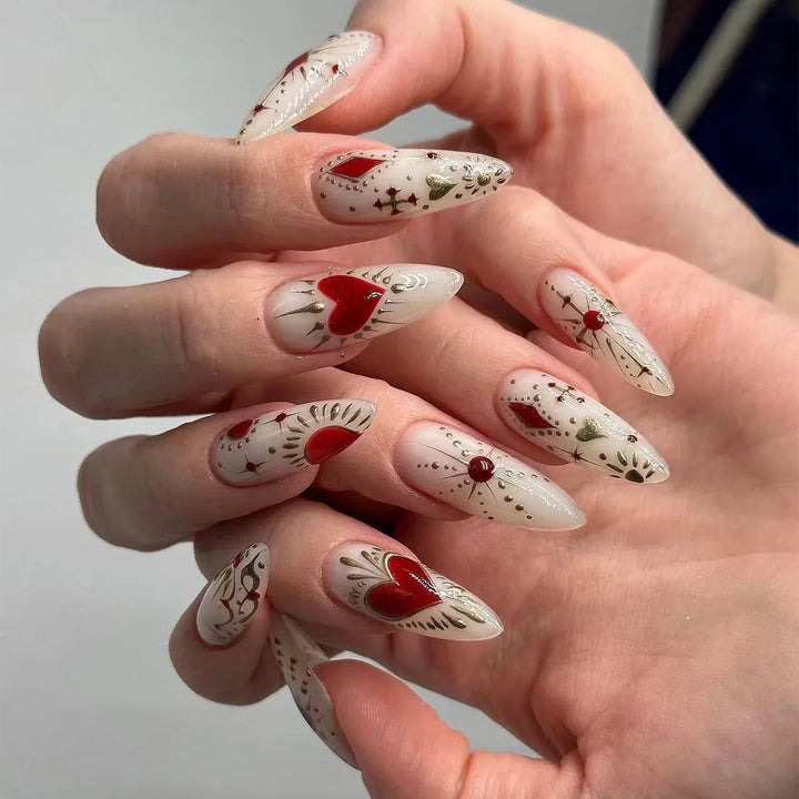 Rynx | Red Love Heart French Sweet Nail Art Nude Pink Artificial Nails Removable Finished Fingernails Valentine's Day Gift Press-on Nails With Glue