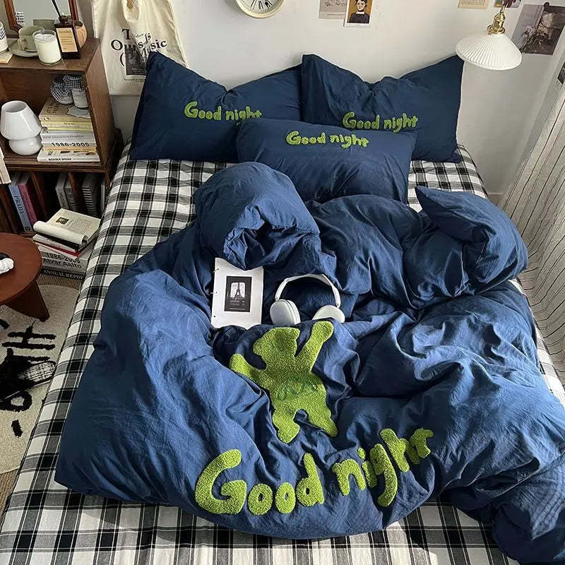 Rynx | Ins Cartoon Bedding Set Teddy Bear Washed Cotton Towel Embroidered Solid Color Bed Sheets Dorm Student Duvet Cover Set