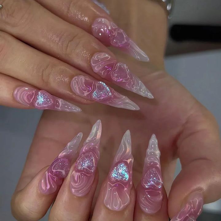 Rynx | Purple French Aurora Bow Flower Rhinestone Long Lace False Nails Removable Ready Artificial Nails Press-on Nails with Glue