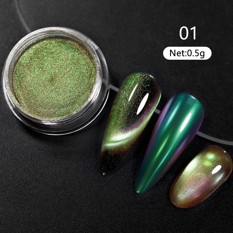 Rynx | Aurora Pearl White Nails Glitter Dust Chrome Gradient Rubbing on Powder Mirror Reflective Magnetic Pigment Nail Art Decorations
