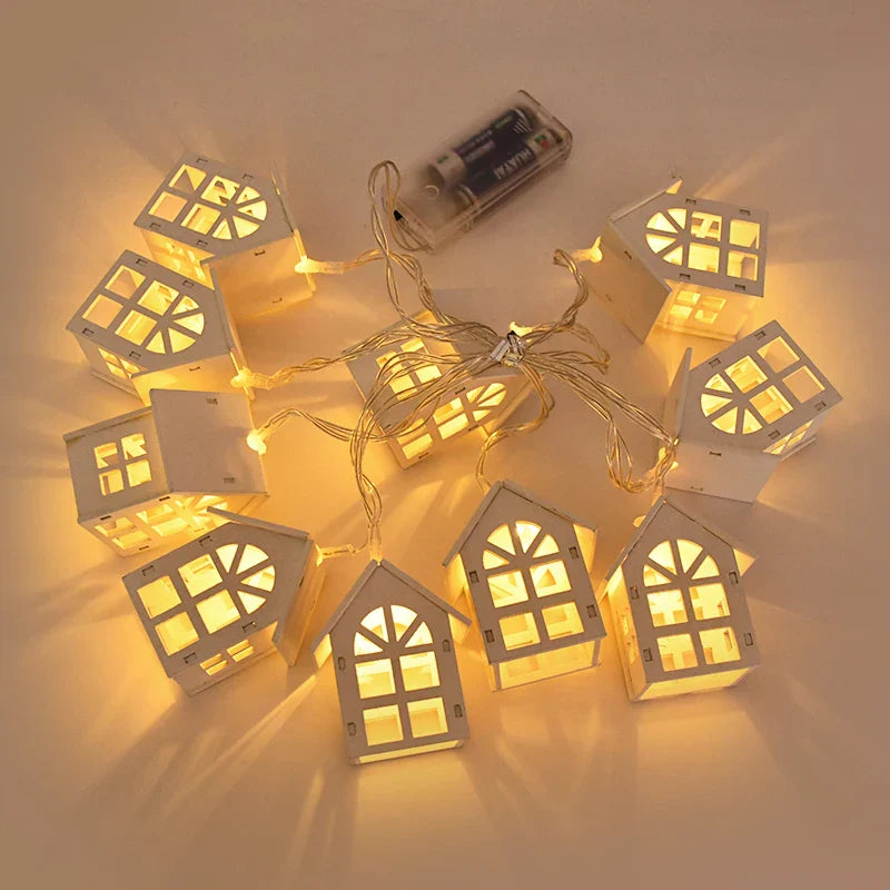 Rynx 2M 10LED Christmas Wooden House LED String Lights 2025 New Year Home Hanging Garland Xmas Tree Ornaments Decorative Lamp