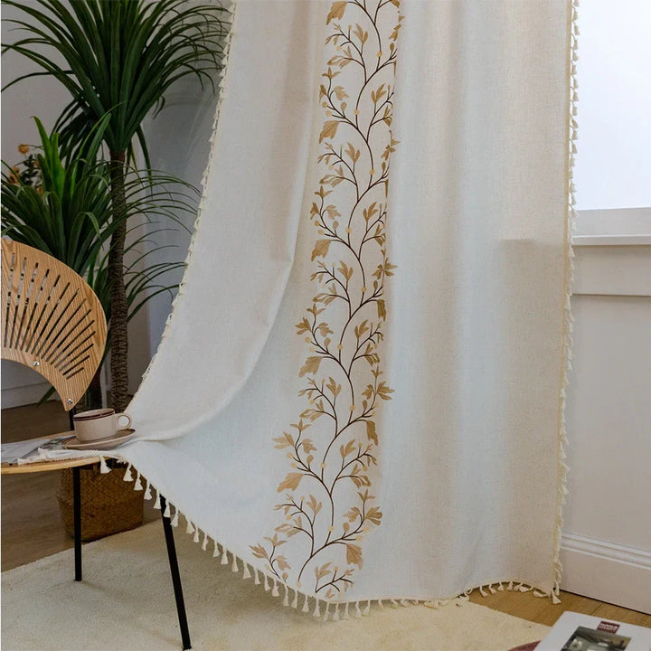 Rynx Cotton-Linen Embroidery Curtains Street Bags Shadow Curtain Tassel for Kitchen Bedroom Living Room Bay Window Closet Curtain