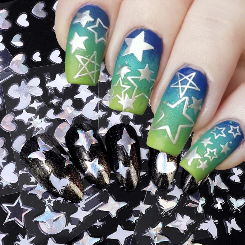 Rynx | 30 pieces laser nail stickers heart moon butterfly 3D nail stickers slider self-adhesive holographic nail art decoration manicure decor