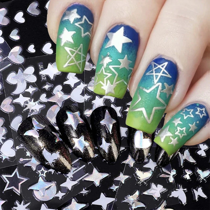 Rynx | 30 pieces laser nail stickers heart moon butterfly 3D nail stickers slider self-adhesive holographic nail art decoration manicure decor