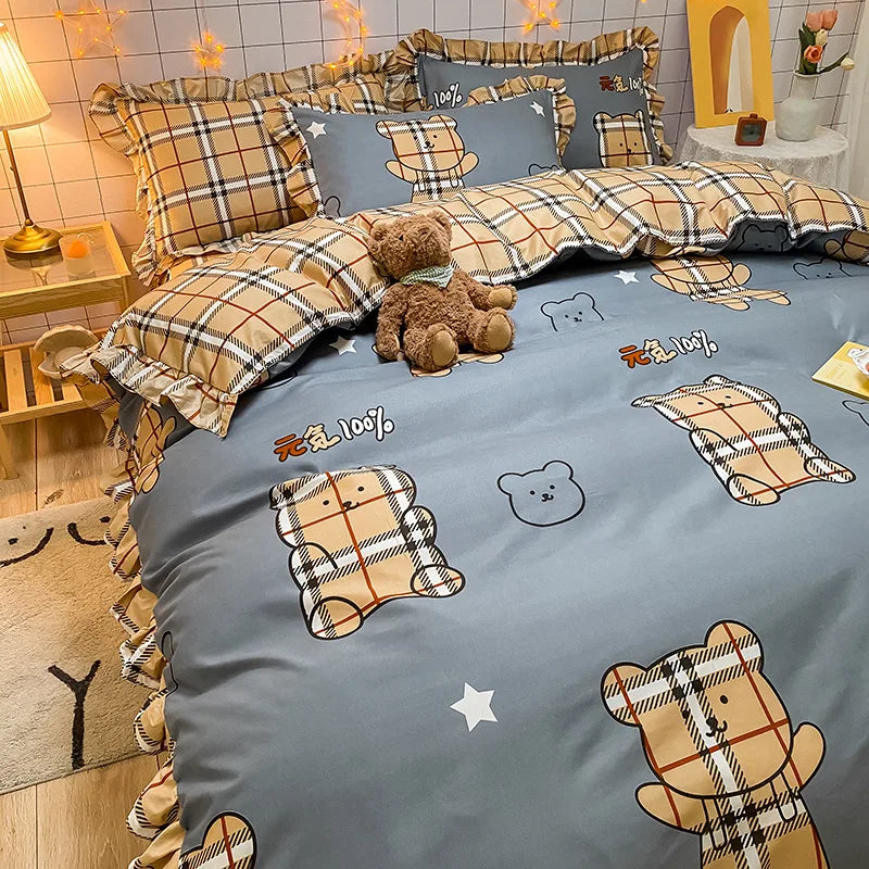 Lisslune | Korean-Vierteil-Set Herbst Winter Bettwäsche Prinzessinnenstil Spitzenbettbezug Blatt Frühling und Sommer Bett