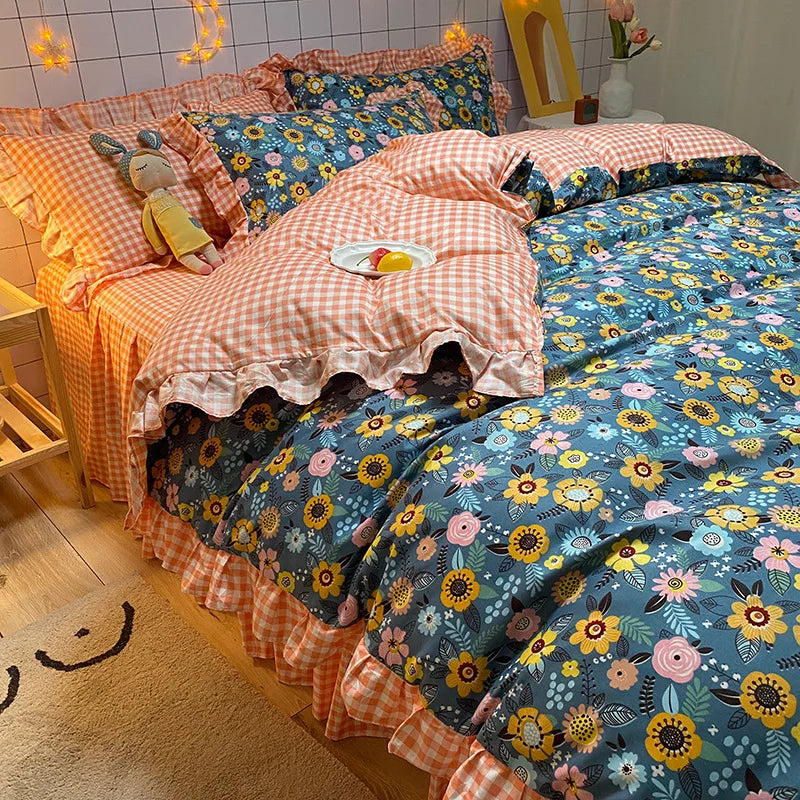 Lisslune | Korean-Vierteil-Set Herbst Winter Bettwäsche Prinzessinnenstil Spitzenbettbezug Blatt Frühling und Sommer Bett