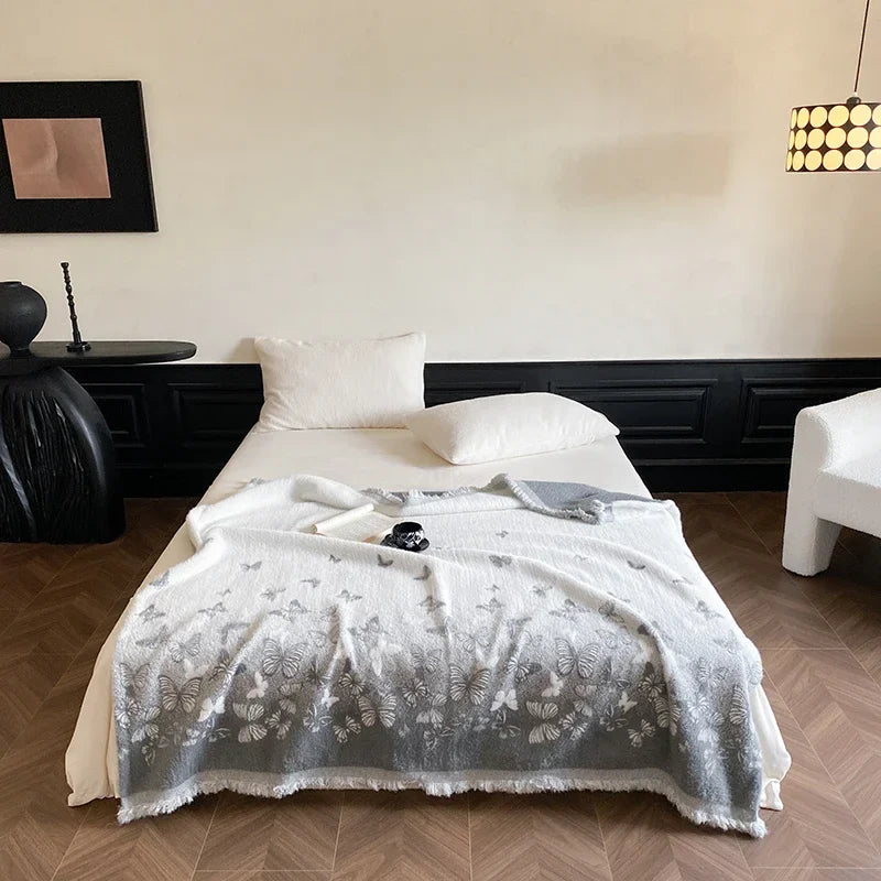 Rynx High-Quality Autumn Winter Warm Throws for Sofa Butterfly Jacquard Artificial Mink Fur Warm Blanket High-Quality Scarf Blanket