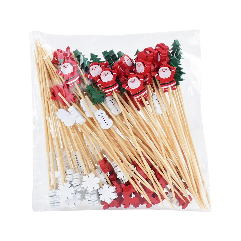 Rynx 50/100pcs Christmas buffet fruit food skewers cocktail picks cupcake toppers 2024 Christmas party decoration supplies New Year 2025