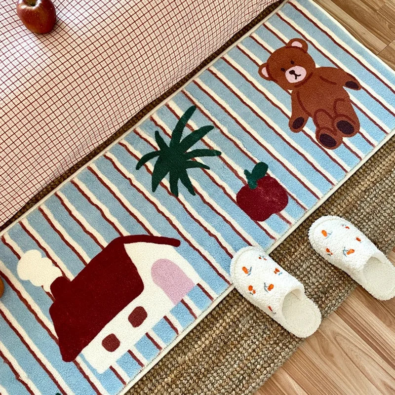 Rynx Carpet for Bedroom Living Room Bed Edge Striped Doormat Cartoon Bear Soft Fluffy Rug Girls' Room Artificial Cashmere Floor Mats