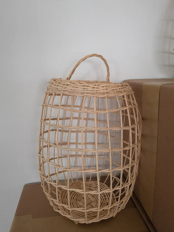 Rynx | Handcrafted Rattan Storage Basket Hanging Organizer with Handle Flower Fruit Vegetable Holder Support Home Kitchen Wall Decoration