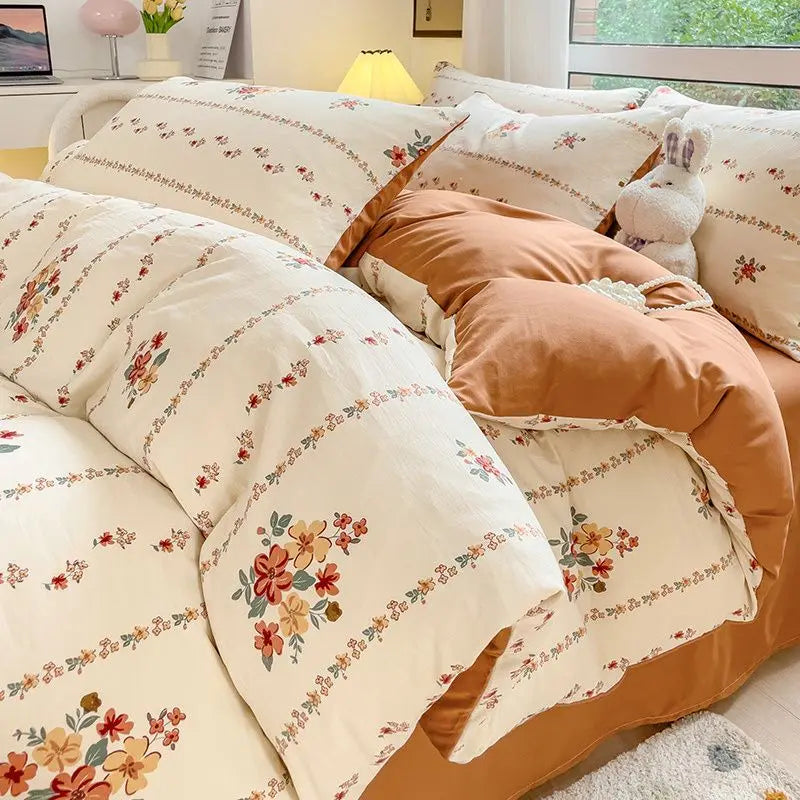 Rynx | Bedding set INS Girls Cherry Soft washed cotton bed sheet Queen King size duvet set Comforter set pillowcase bedding
