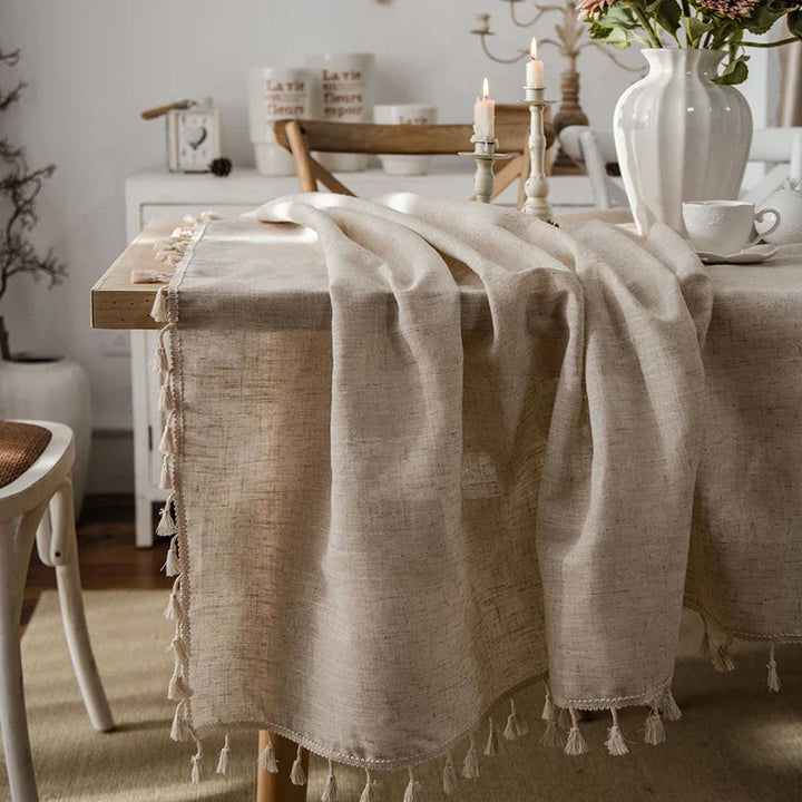 Lisslune | 2023 Cotton-Linen Tablecloth with Tassels, Rectangular Tablecloth for Dining Table, Coffee-Tea Tablecloths, Wedding Easter Decoration
