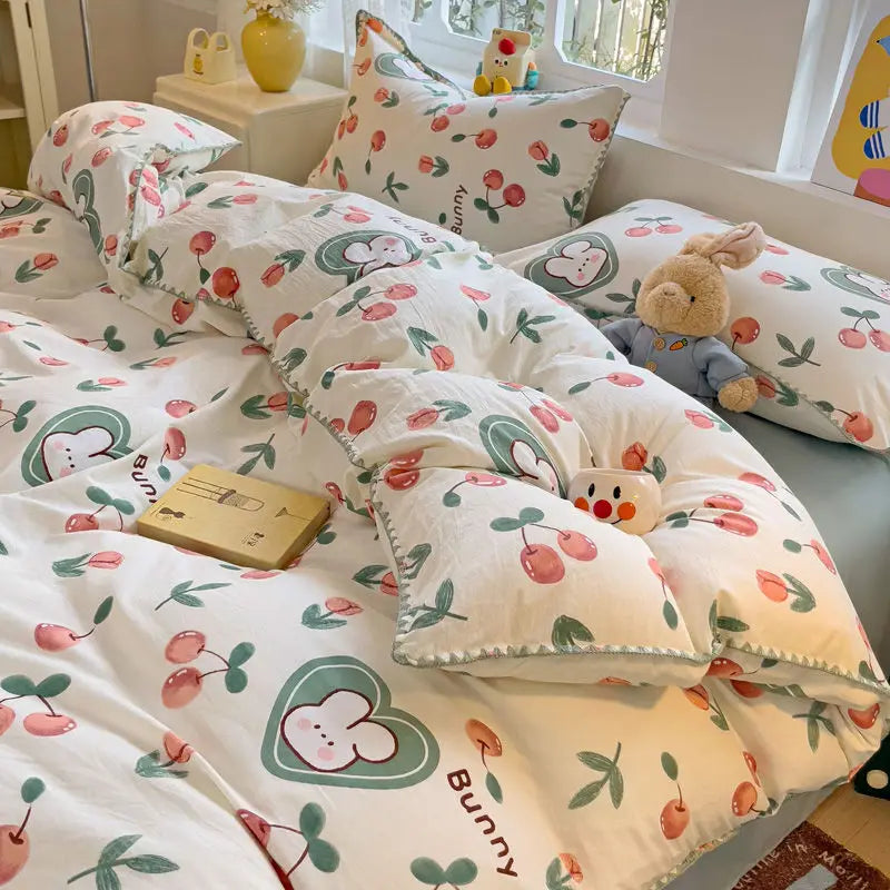 Rynx | In the Bedding Set Purple Love Stripes Double Layer Yarn Four-Piece Dorm Girl Heart Bed Sheet and Quilt Set Washed Cotton