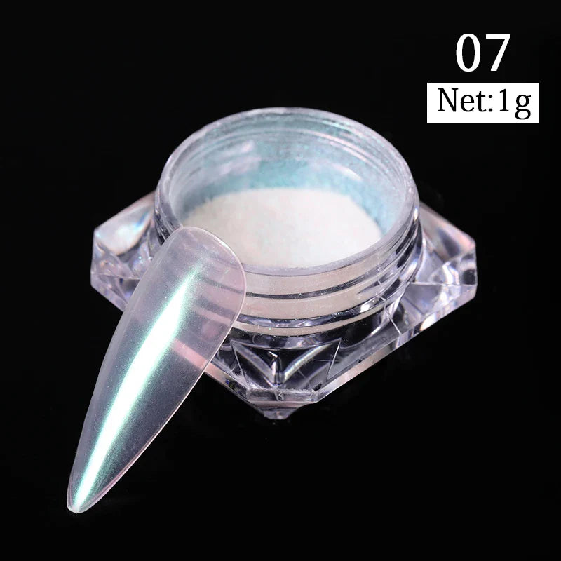 Rynx | Aurora Pearl White Nails Glitter Dust Chrome Gradient Rubbing on Powder Mirror Reflective Magnetic Pigment Nail Art Decorations