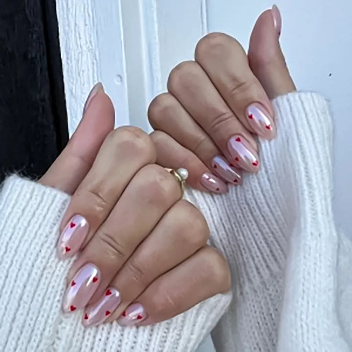 Rynx | Red Love Heart French Sweet Nail Art Nude Pink Artificial Nails Removable Finished Fingernails Valentine's Day Gift Press-on Nails With Glue