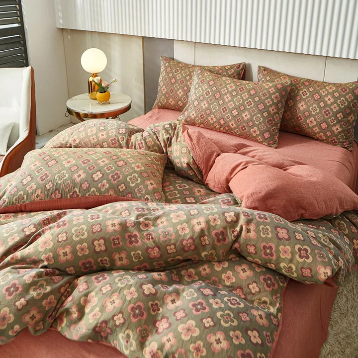 Rynx | Cotton Soft Bedding Set Striped Print Duvet Cover with Pillowcase Flower Duvet Pillowcases Sets