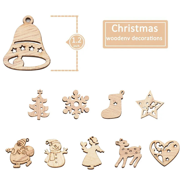 Rynx 50 pieces Christmas natural wood chips Santa snowflake Christmas tree hanging ornaments pendants Christmas decoration DIY craft
