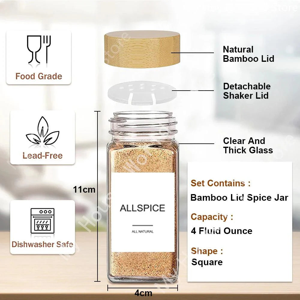 Lisslune | Glass Spice Jar Set with Bamboo Lids, Pouring Caps, Labels & Funnel - 4oz