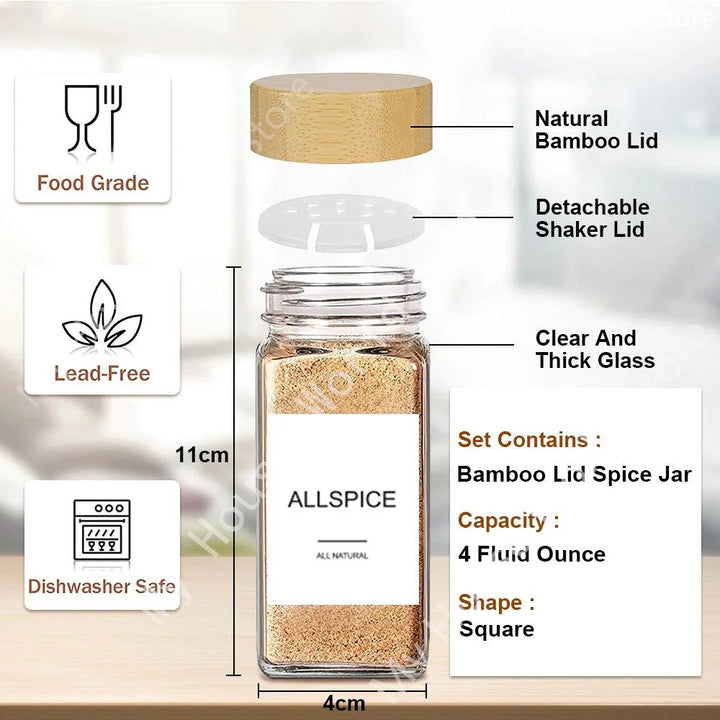 Lisslune | Elegant Glass Spice Jars with Bamboo Lids - 4oz Spice Containers for Organized Kitchen Storage