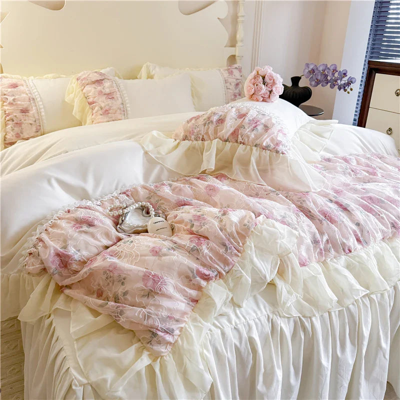 Rynx | Flower Lace Ruffle Princess Wedding Bedding Set Full Queen King Duvet Cover Bed Skirt/Bed Sheet/Fitted Sheet Pillowcases 4 Pieces