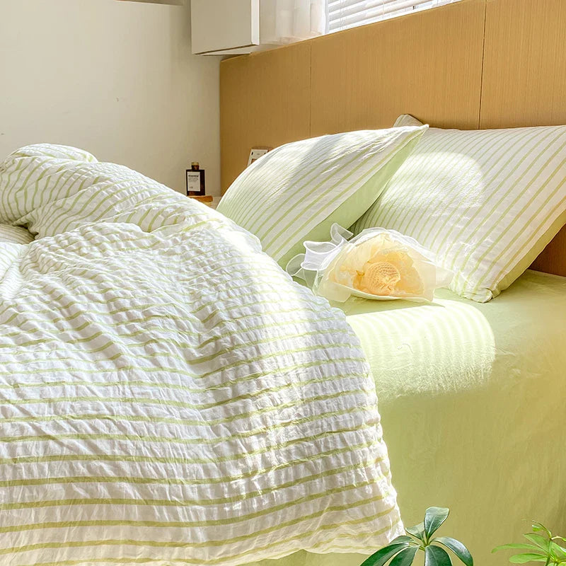 Rynx | Green striped duvet cover pillowcase and solid colored sheets in bedding set adult girl's bedding washed cotton bedding