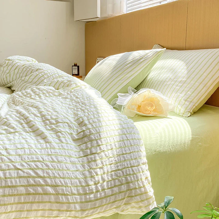Rynx | Green striped duvet cover pillowcase and solid colored sheets in bedding set adult girl's bedding washed cotton bedding