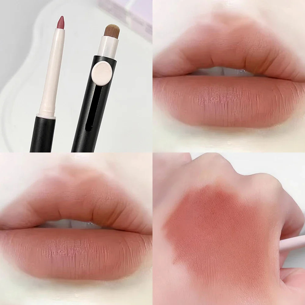 Rynx | Waterproof Lipstick with Brush Dual-Head Matte Lipstick Outline 3D Lip Shape Long-Lasting Non-Stick Cup Nude Lip Makeup