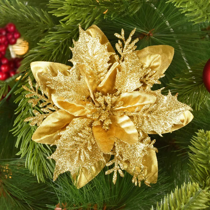 Rynx 5/10pcs 14cm Glitter Artificial Christmas Flowers Xmas Tree Ornaments Merry Christmas Decorations for Home New Year Gift Navidad