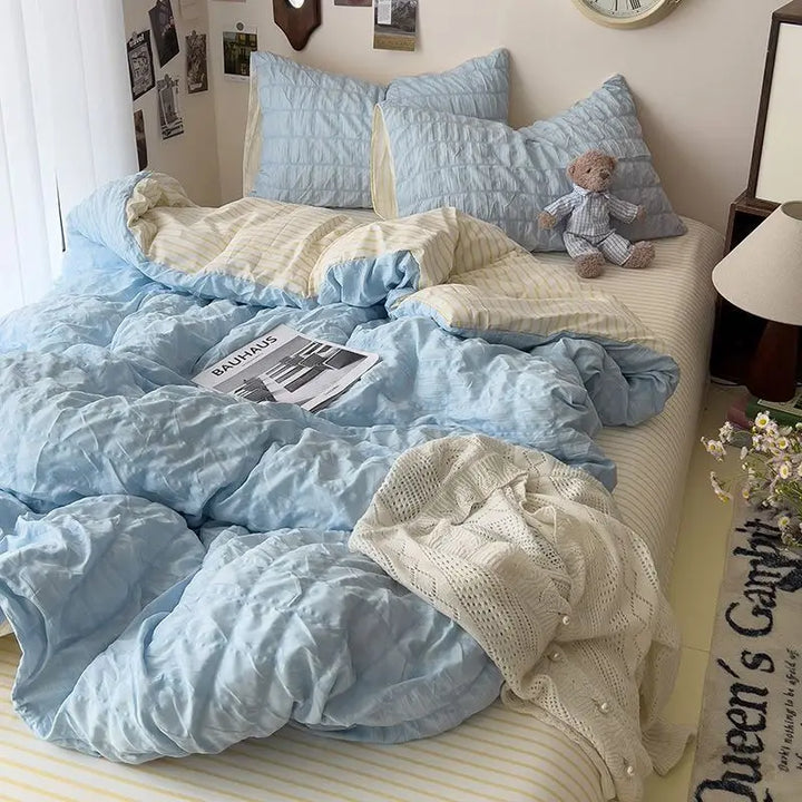 Rynx | Seersucker Princess Girl Bed Linen Set Duvet Cover Korean Four-Piece Washed Cotton Bed Sheet Blanket Set