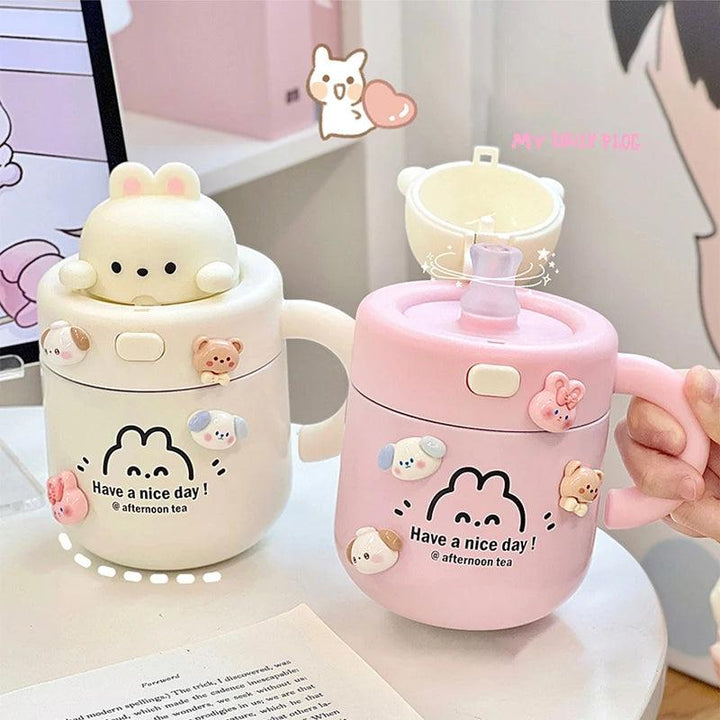 Lisslune | Shady Kawaii Bear Insulated Stainless Steel Travel Mug with Straw for All Your Drinks