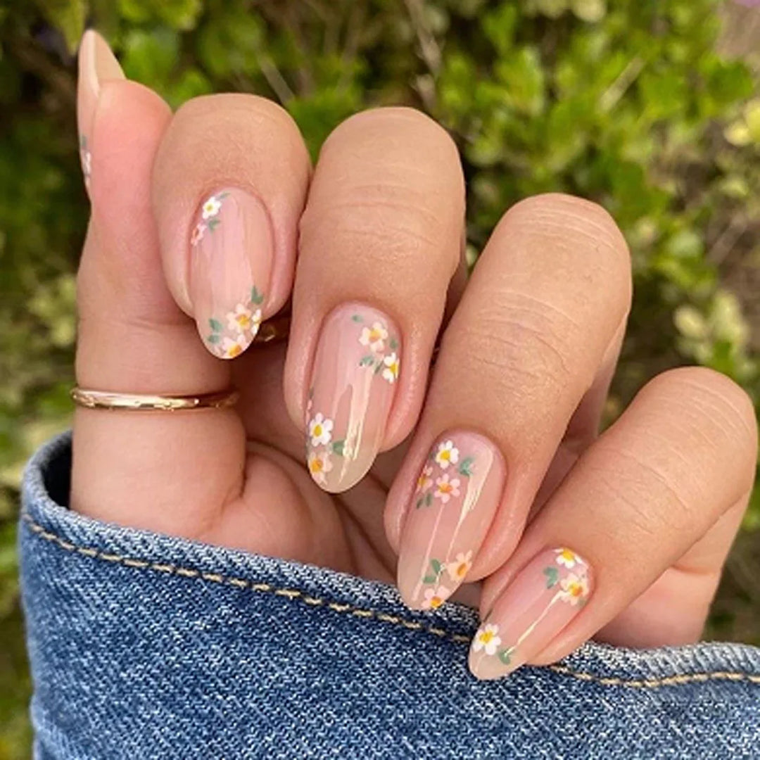 Rynx | Cute Small Flowers Nude Color Nail Art Simple Style Artificial Nails Removable Ready-made Artificial Nails To Stick On with Glue
