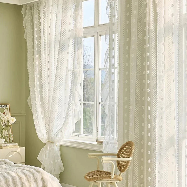 Rynx | 3D White Pompon Embroidery Tulle Modern Striped Sheer Curtains for the Living Room Ruffle Design Sheer Voile Window Draperies
