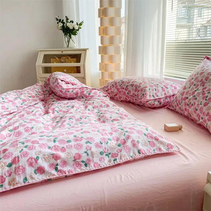 Lisslune | Ins Washed Double-Layer Garn Shell Stickerei Vier-Teiliges Bett Spannbettlaken
